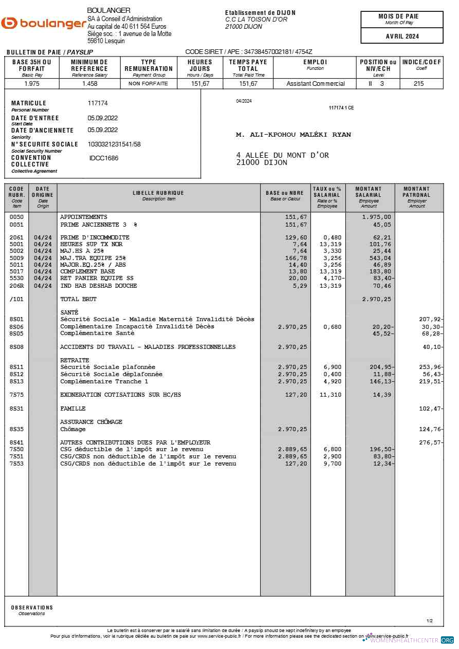 Download Boulanger payslip (in French language) template in Word and PDF formats.pdf, 1 Photoshop template